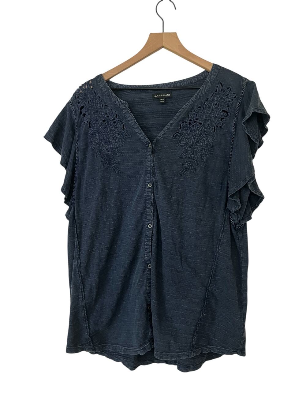 Lane Bryant Womens Navy Blue Flutter Sleeve Button Front Bouse Size 14 / 16